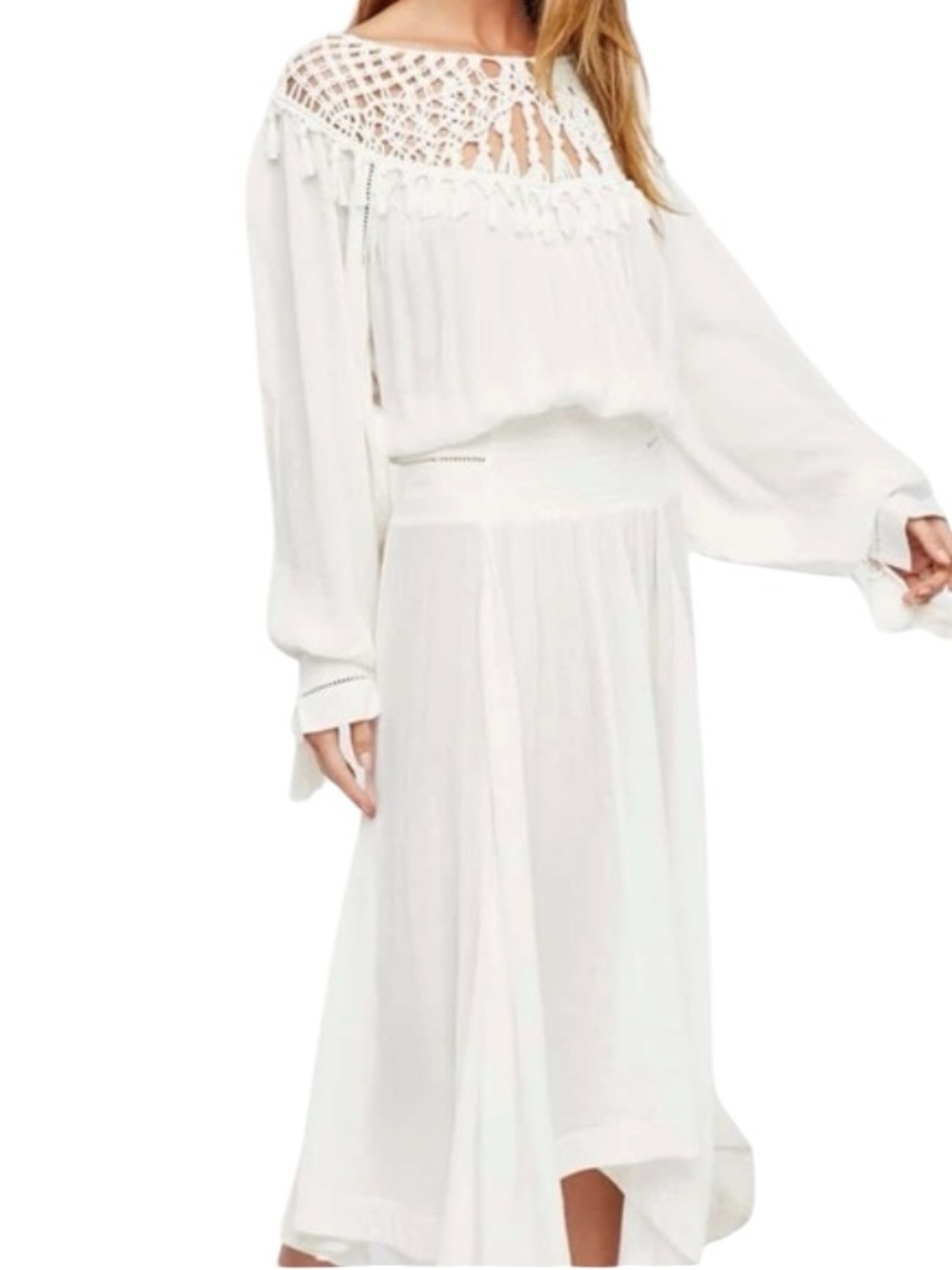 Flawed Free People Camille Maxi Dress macramé Crochet. Ivory Sz. L